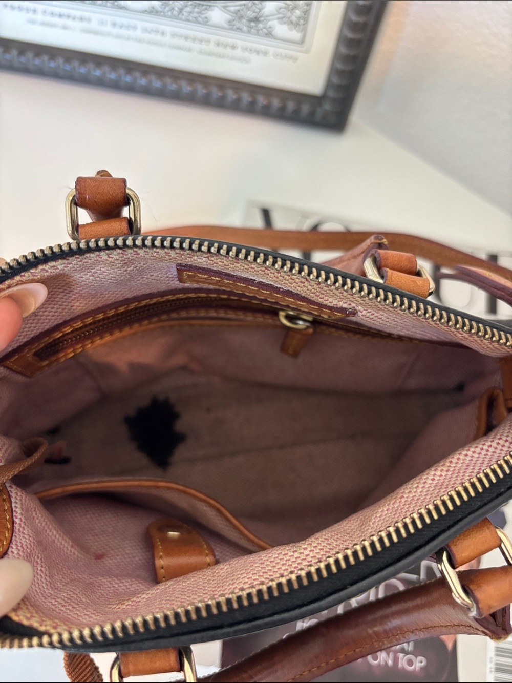 Dooney & Bourke Black Leather Satchel with Brown Trim - Picture 2 of 5